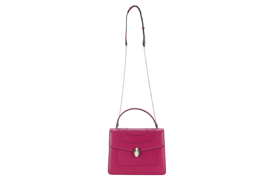 BVLGARI SERPENTI FOREVER LARGE MAGENTA LEATHER GOLD HARDWARE WITH STRAP, DUST COVER, MIRROR AND RAINCOAT