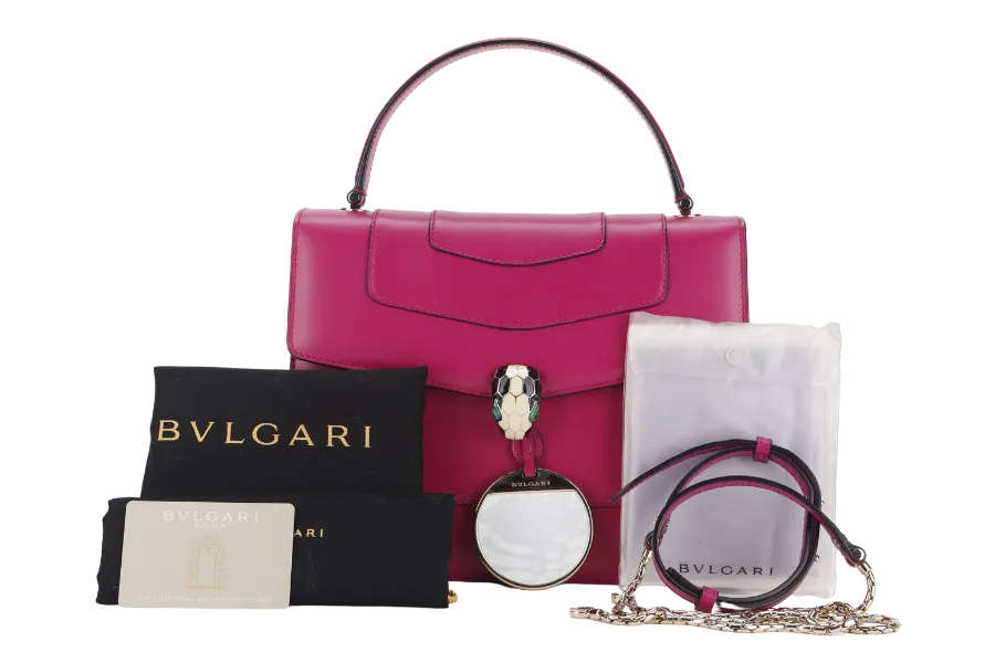 BVLGARI SERPENTI FOREVER LARGE MAGENTA LEATHER GOLD HARDWARE WITH STRAP, DUST COVER, MIRROR AND RAINCOAT