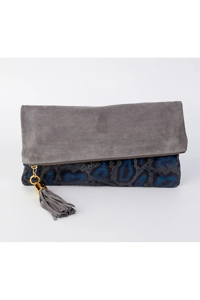 Cece Grey & Cobalt Python Reversible to Grey Suede Foldover Clutch