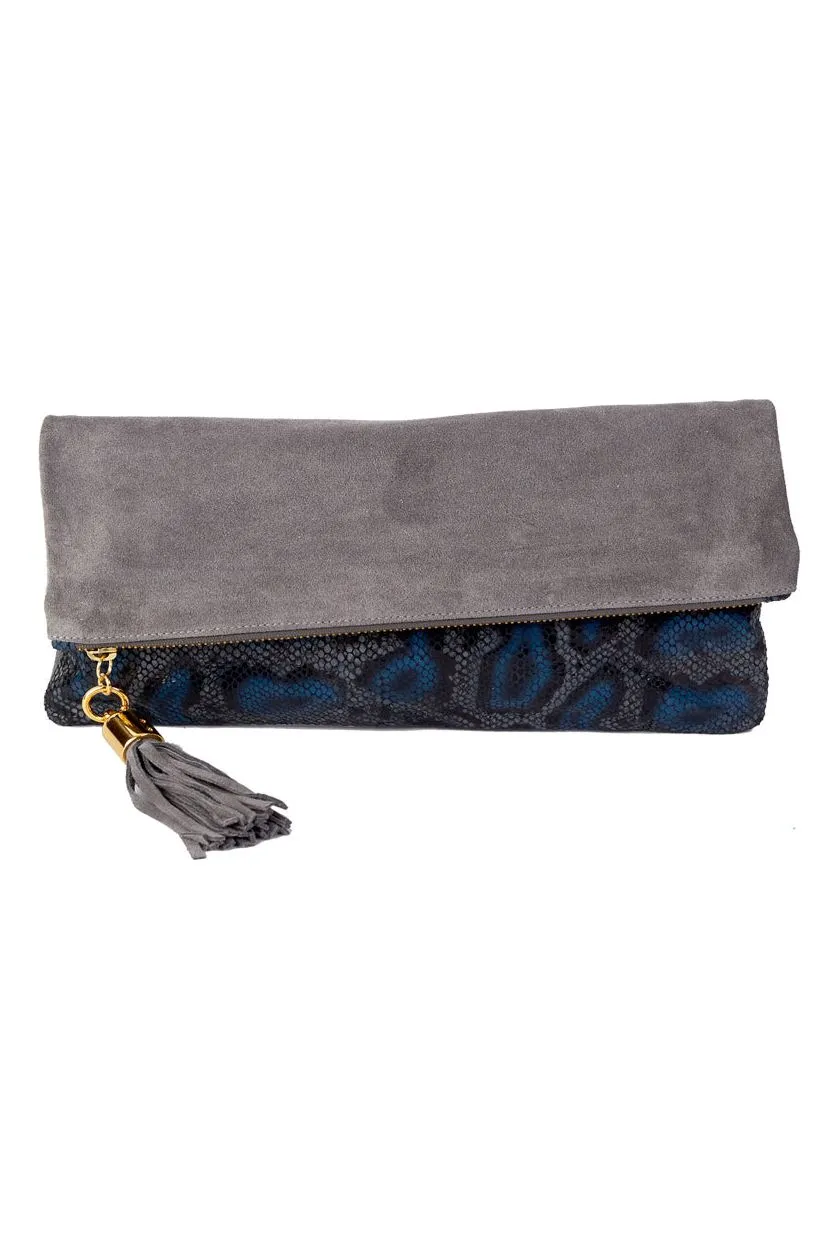 Cece Grey & Cobalt Python Reversible to Grey Suede Foldover Clutch