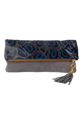 Cece Grey & Cobalt Python Reversible to Grey Suede Foldover Clutch