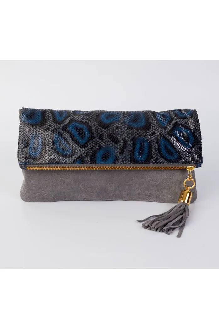 Cece Grey & Cobalt Python Reversible to Grey Suede Foldover Clutch