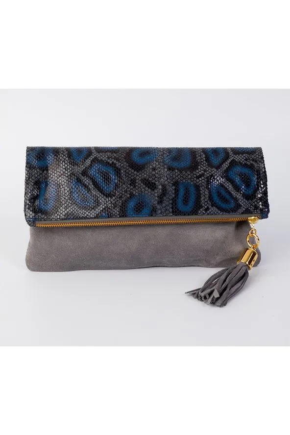 Cece Grey & Cobalt Python Reversible to Grey Suede Foldover Clutch