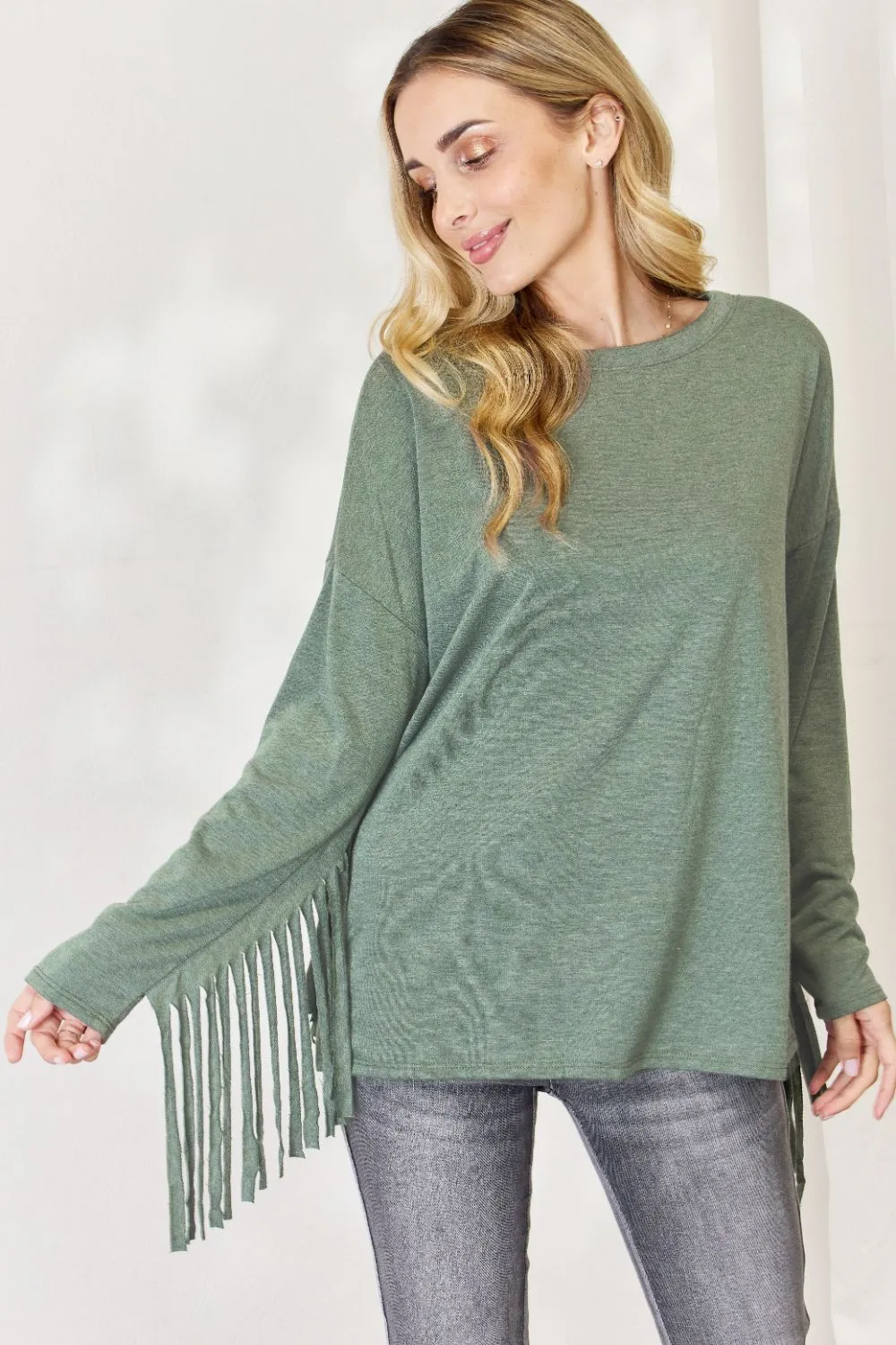 Celeste Full Size Fringe Detail Long Sleeve Top