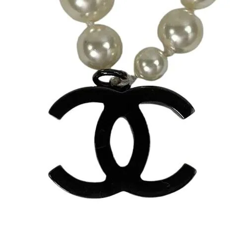 CHANEL - CC Logo Charm Black White Pearl Layered Necklace