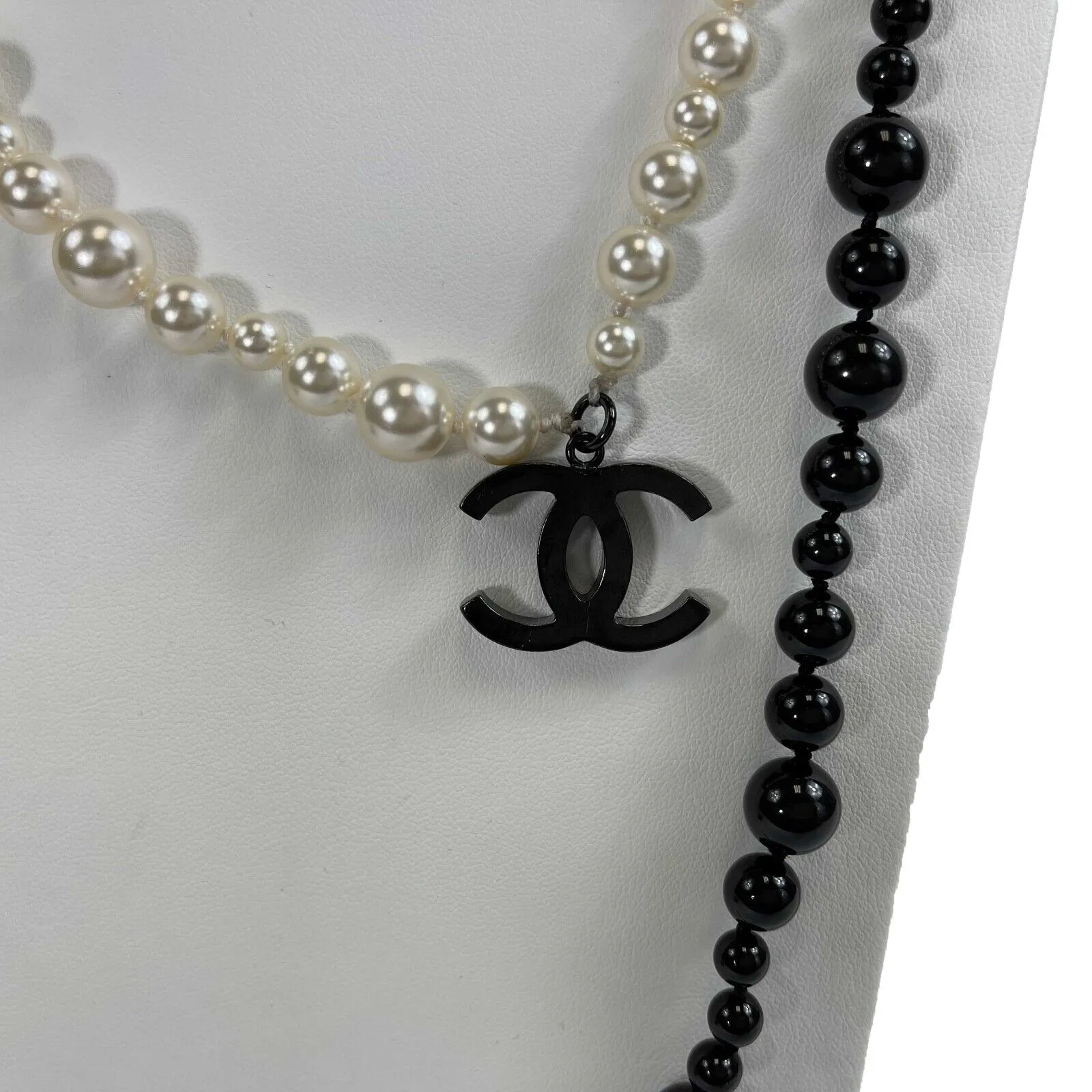 CHANEL - CC Logo Charm Black White Pearl Layered Necklace