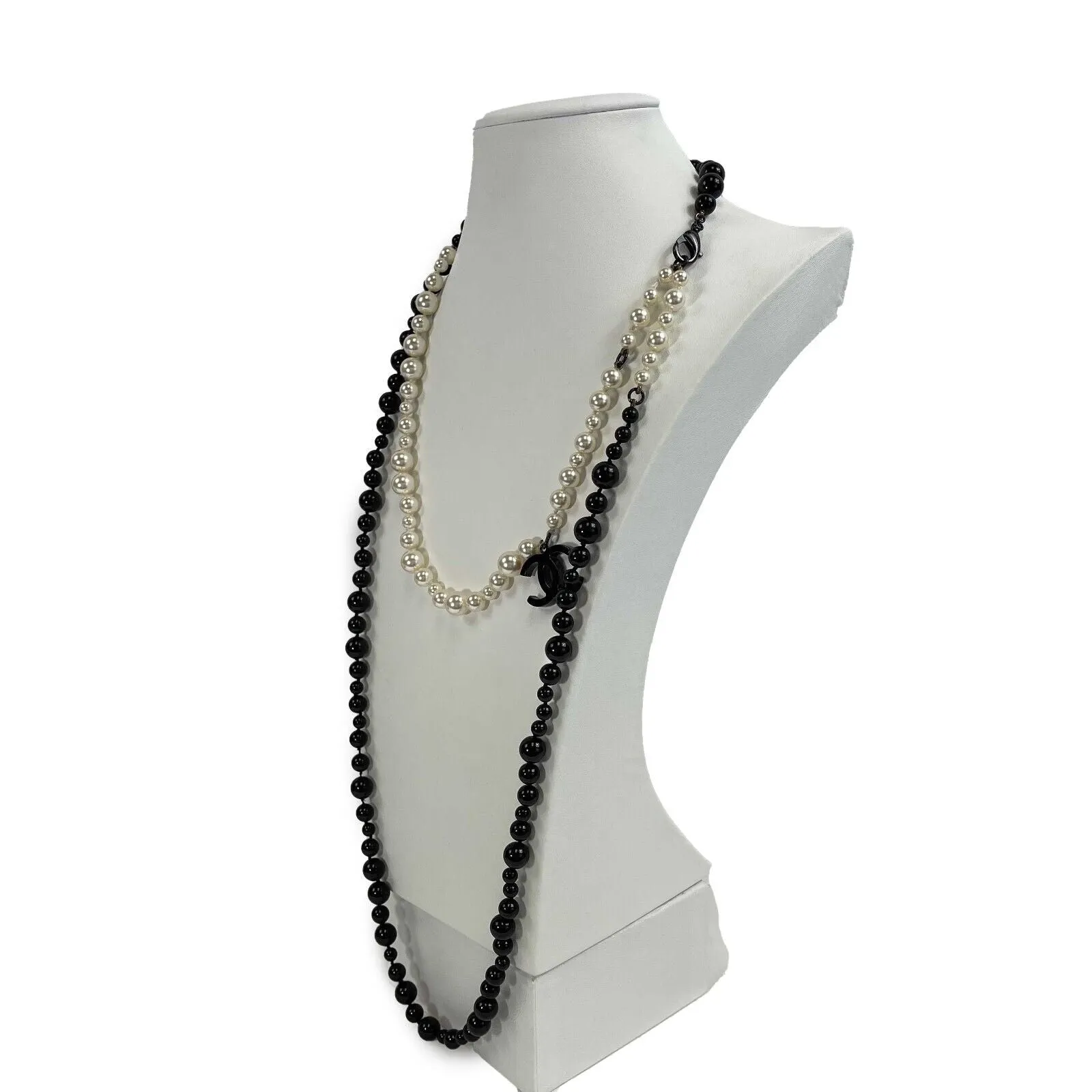 CHANEL - CC Logo Charm Black White Pearl Layered Necklace