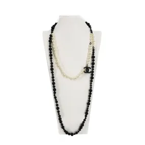 CHANEL - CC Logo Charm Black White Pearl Layered Necklace