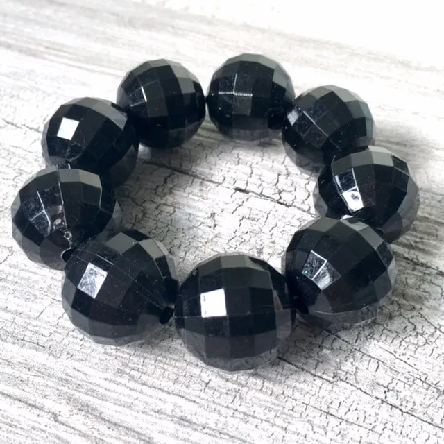 CHUNKY BLACK BEAD DISCO BALL BRACELET ON STRETCH ELASTICATED BAND