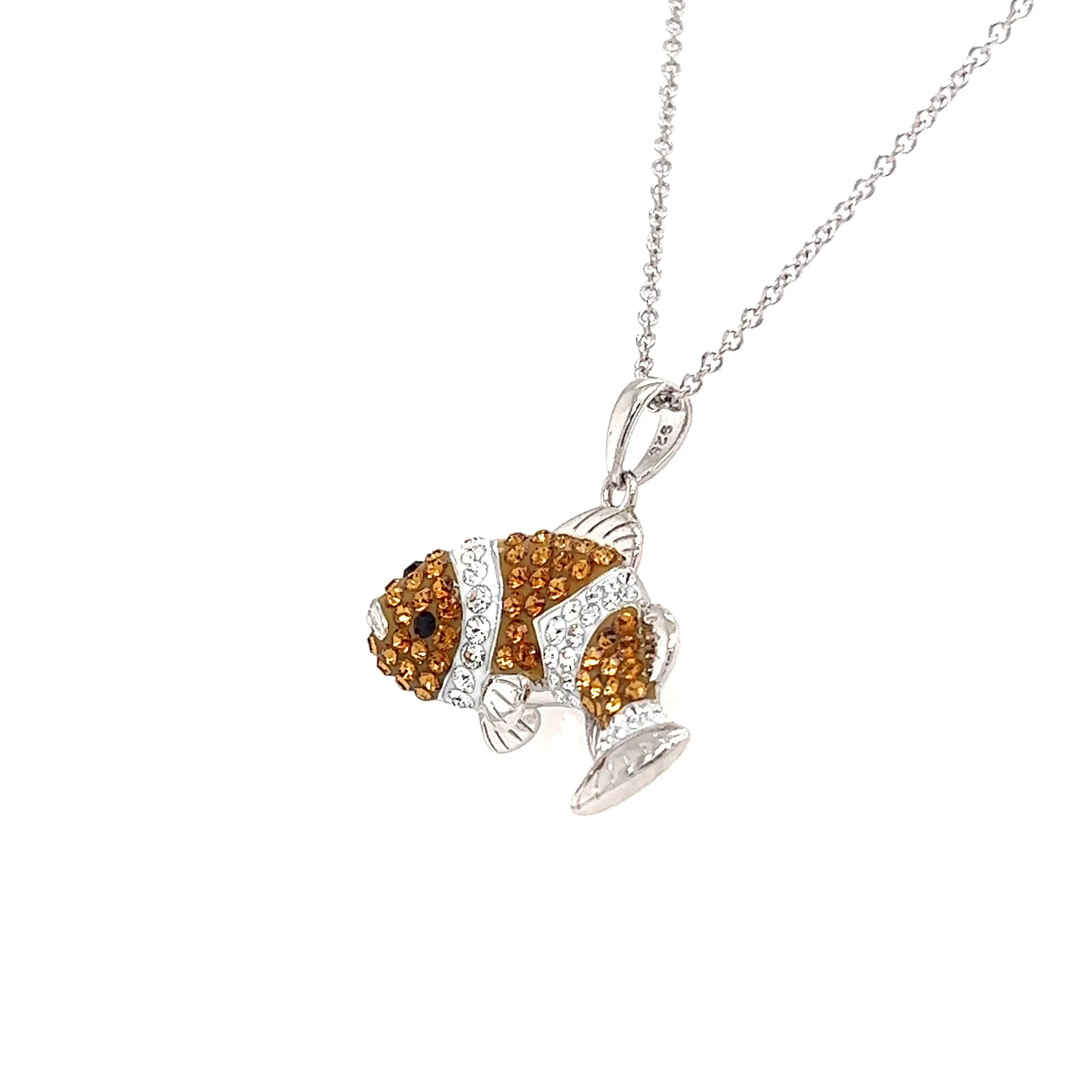 Clownfish Necklace with Orange and White Crystals in Sterling Silver