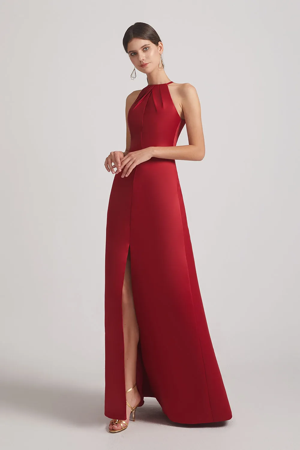 Crinkle Halter Neckline Keyhole Satin Gown with Front Slit (AF0174)