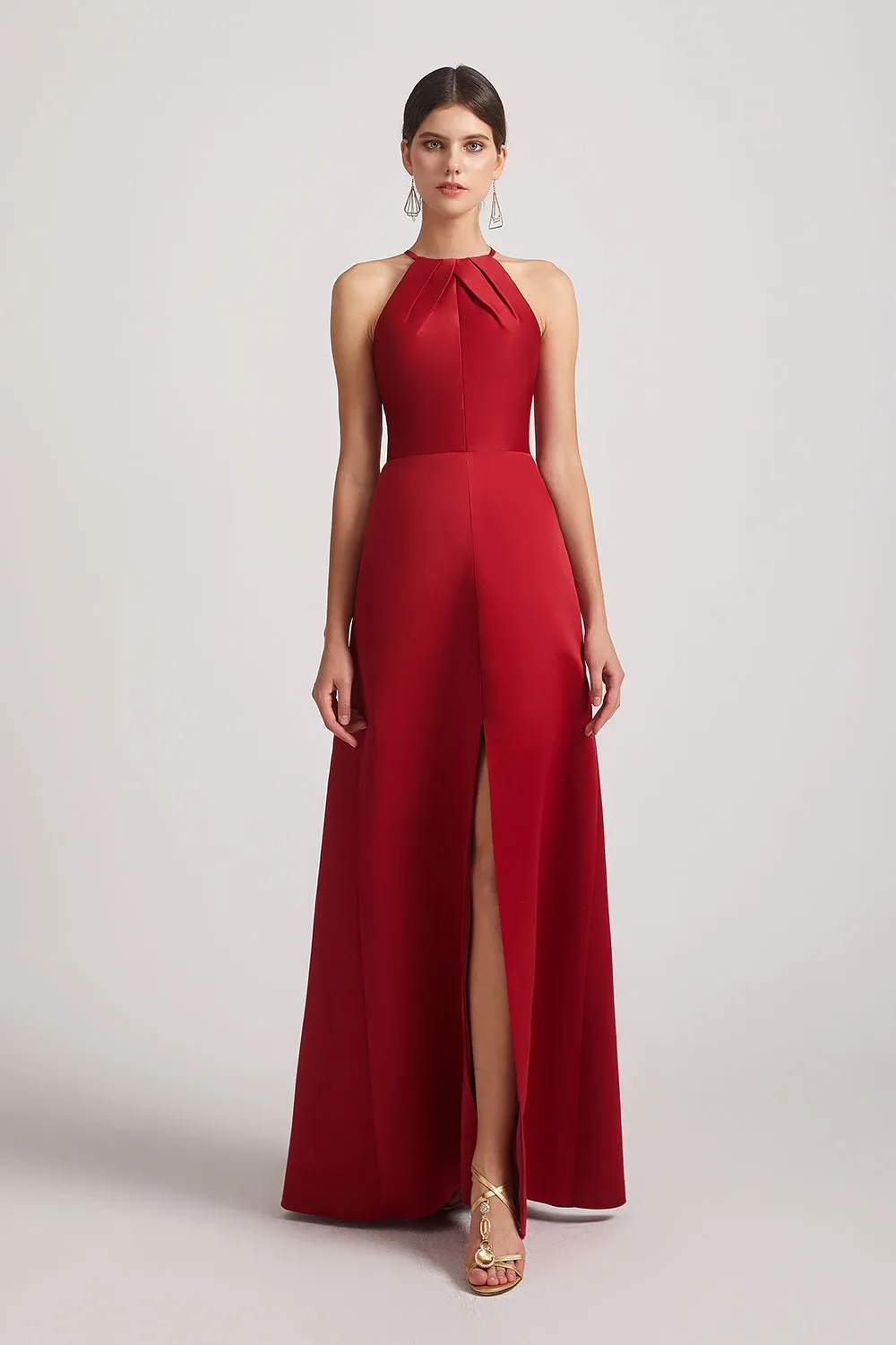 Crinkle Halter Neckline Keyhole Satin Gown with Front Slit (AF0174)