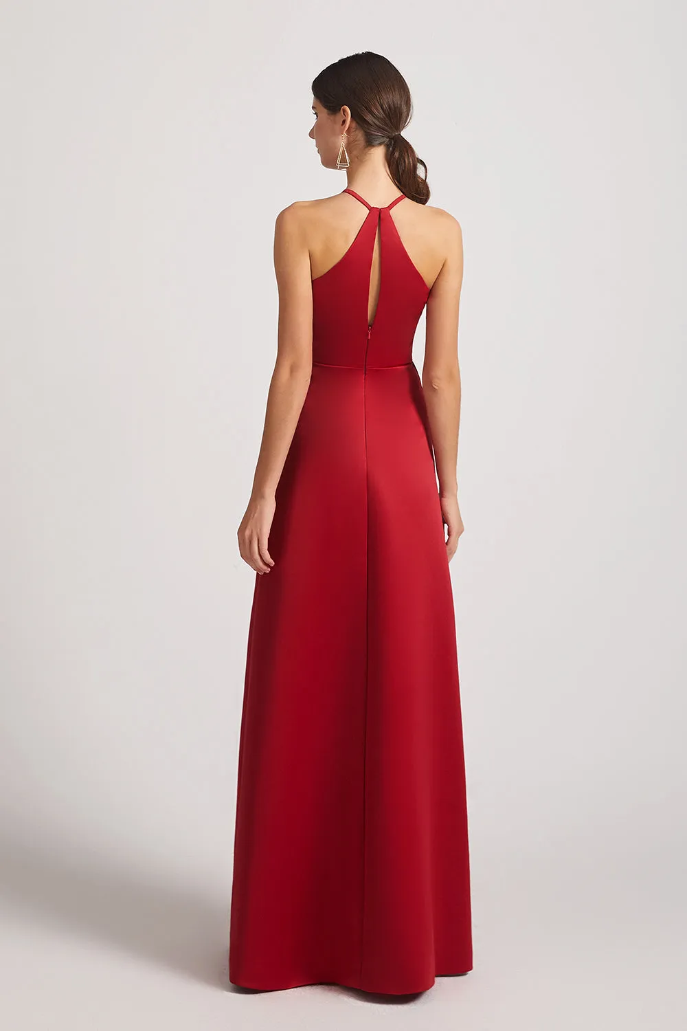 Crinkle Halter Neckline Keyhole Satin Gown with Front Slit (AF0174)