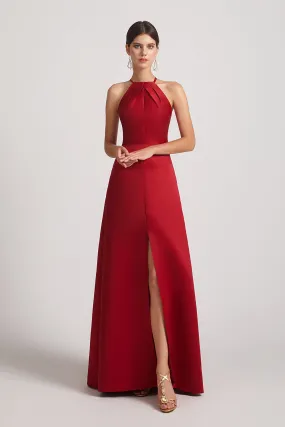 Crinkle Halter Neckline Keyhole Satin Gown with Front Slit (AF0174)