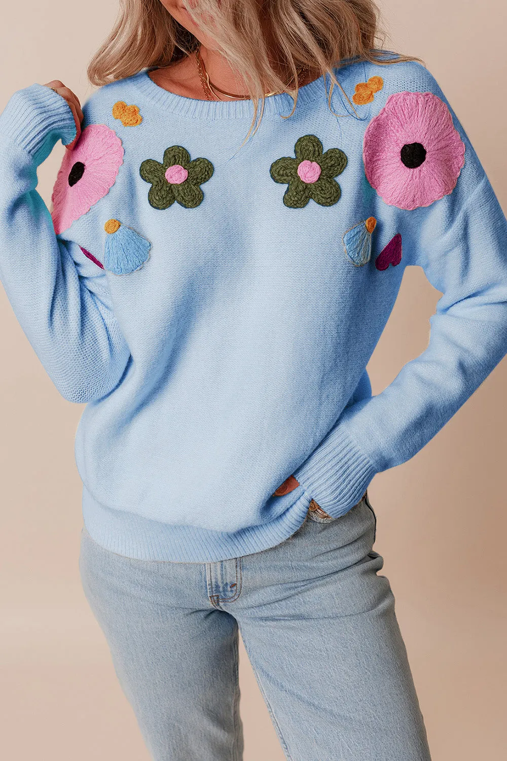 Crochet Flower Round Neck Dropped Shoulder Sweater