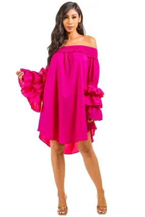 Don't Ruffle Me- Hot Pink Ruffled Sleeve Dress