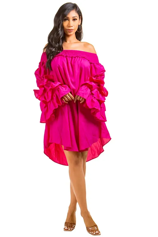 Don't Ruffle Me- Hot Pink Ruffled Sleeve Dress