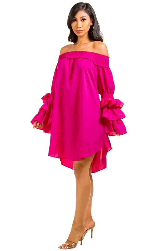 Don't Ruffle Me- Hot Pink Ruffled Sleeve Dress