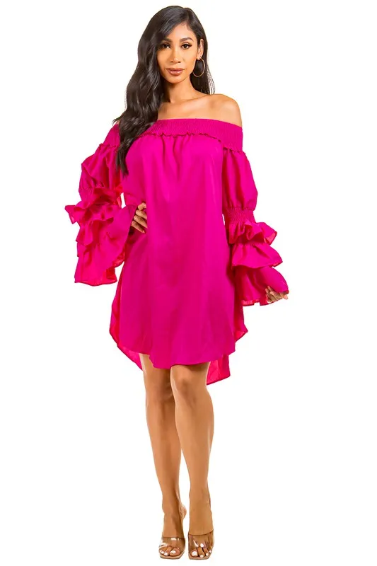 Don't Ruffle Me- Hot Pink Ruffled Sleeve Dress