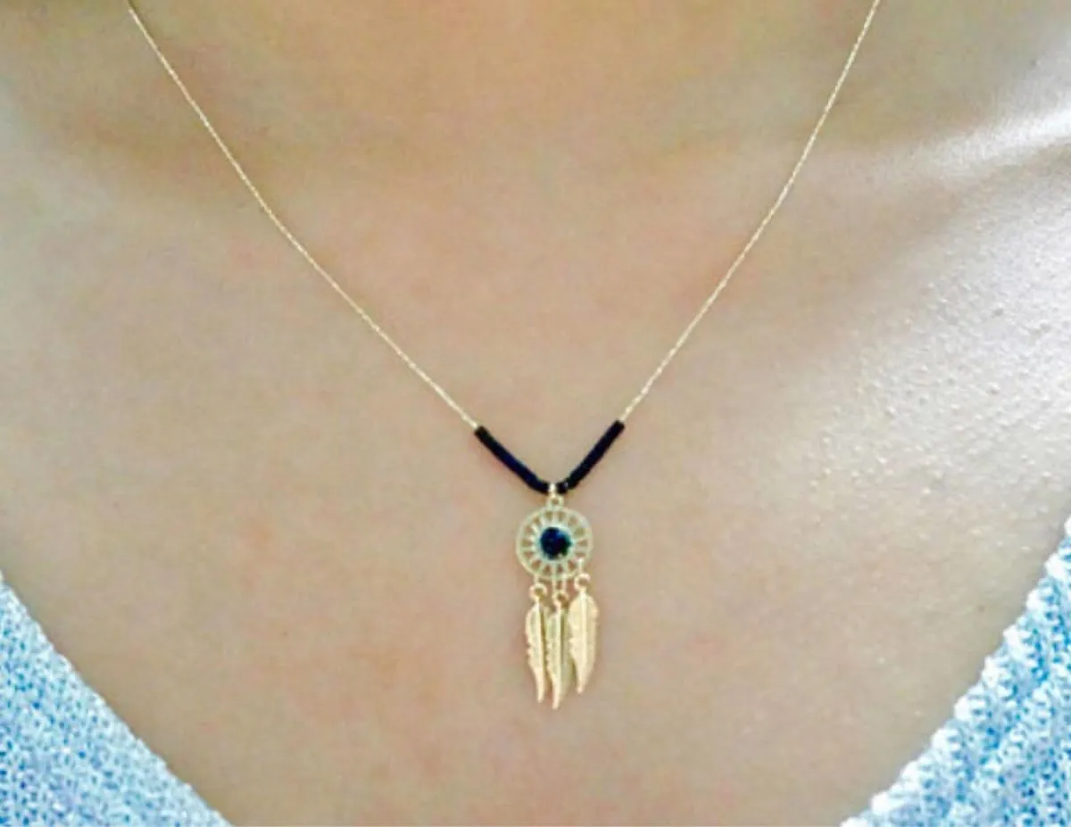 Dream Catcher Charm, Gold And Black Charm, Minimalist Necklace, Delicate Chain, Bohemian Necklace, Gypsy Jewelry, Necklace MN43