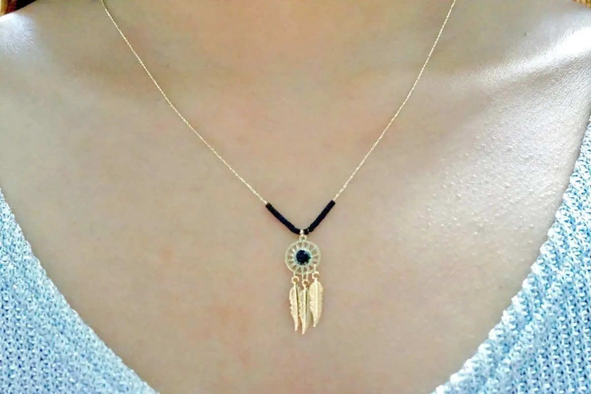 Dream Catcher Charm, Gold And Black Charm, Minimalist Necklace, Delicate Chain, Bohemian Necklace, Gypsy Jewelry, Necklace MN43