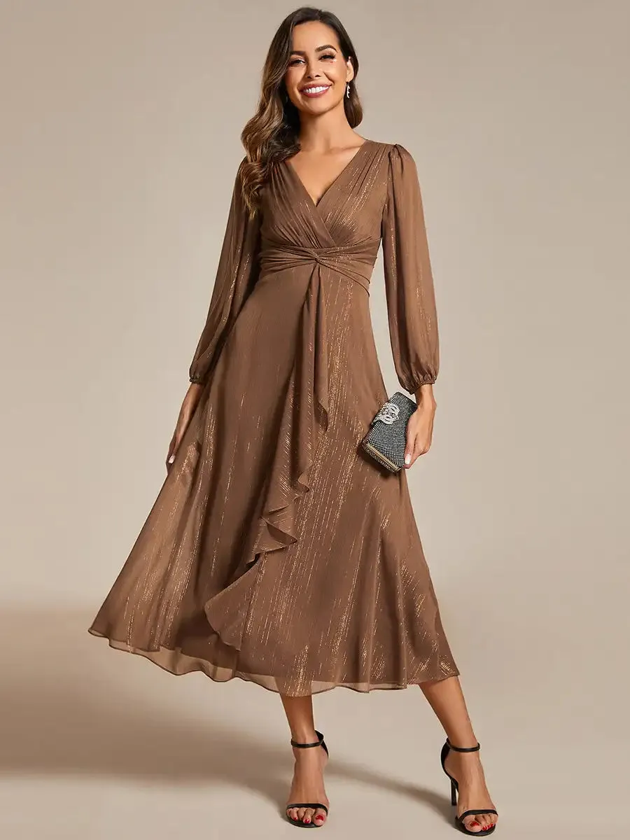 Elegant Chiffon V Neck 3/4 Sleeves Calf Length Evening Dress