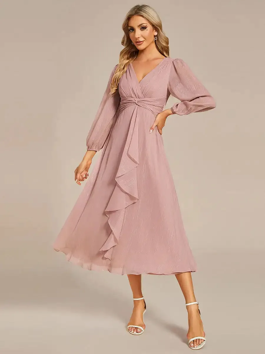 Elegant Chiffon V Neck 3/4 Sleeves Calf Length Evening Dress