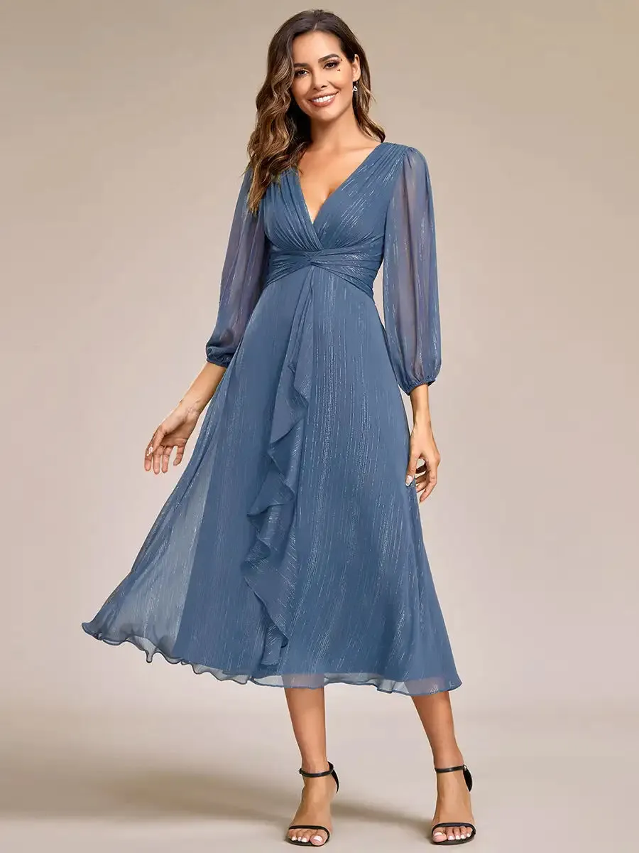 Elegant Chiffon V Neck 3/4 Sleeves Calf Length Evening Dress