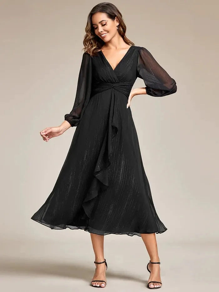 Elegant Chiffon V Neck 3/4 Sleeves Calf Length Evening Dress