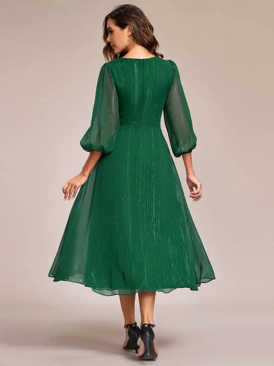 Elegant Chiffon V Neck 3/4 Sleeves Calf Length Evening Dress