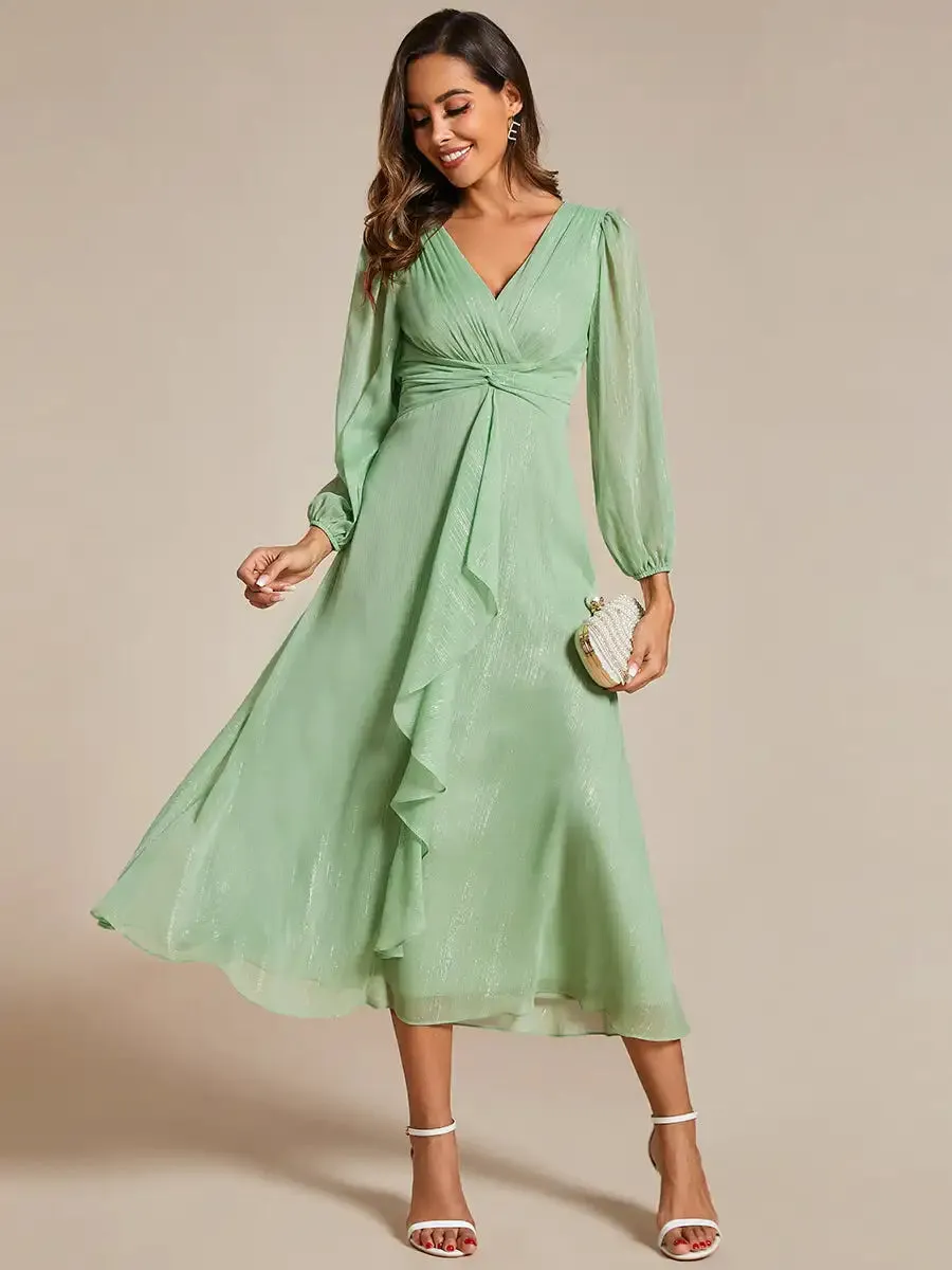 Elegant Chiffon V Neck 3/4 Sleeves Calf Length Evening Dress