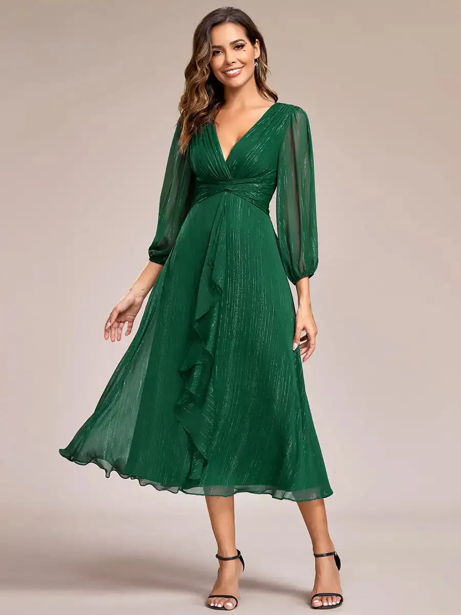 Elegant Chiffon V Neck 3/4 Sleeves Calf Length Evening Dress