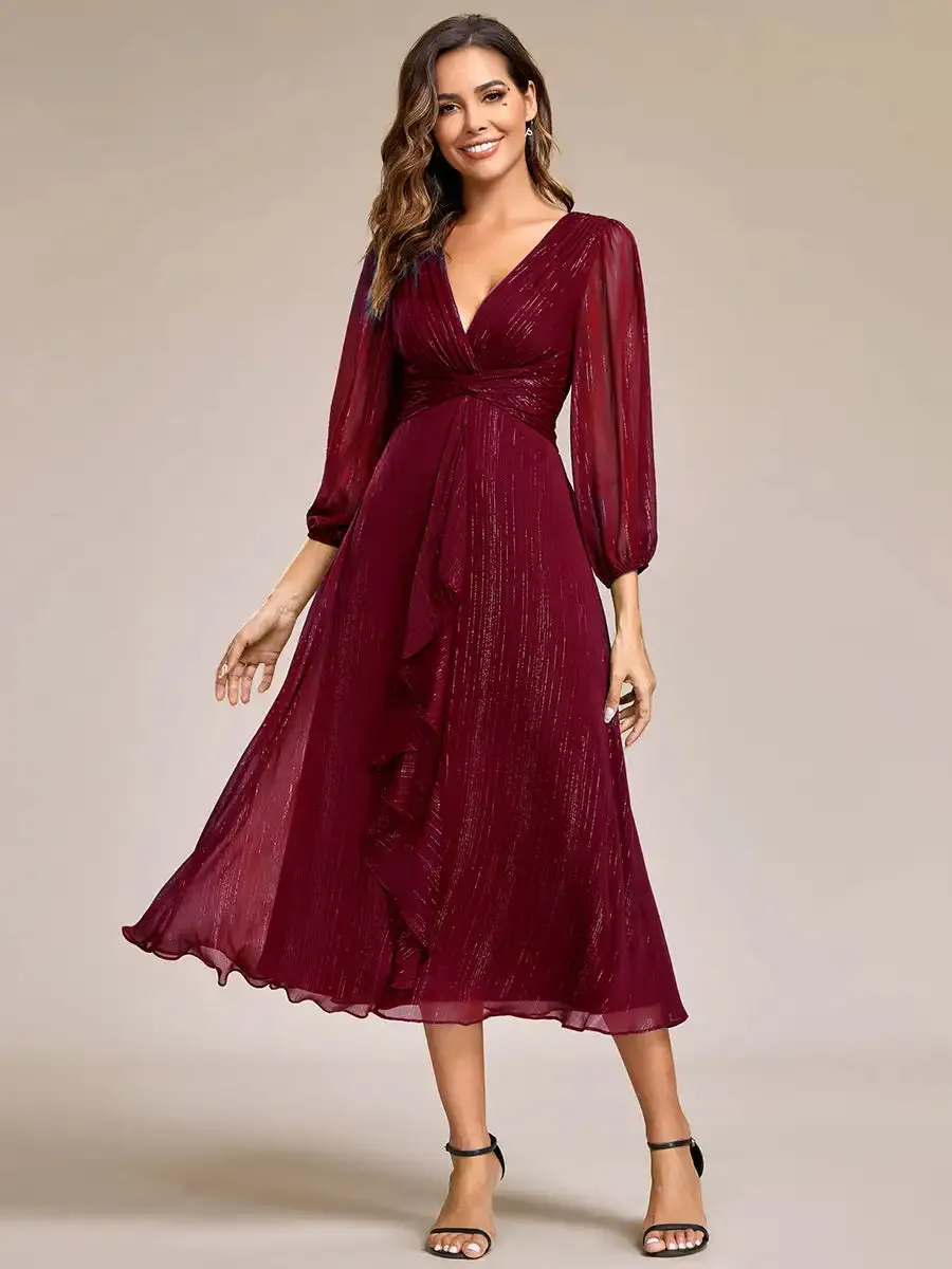 Elegant Chiffon V Neck 3/4 Sleeves Calf Length Evening Dress