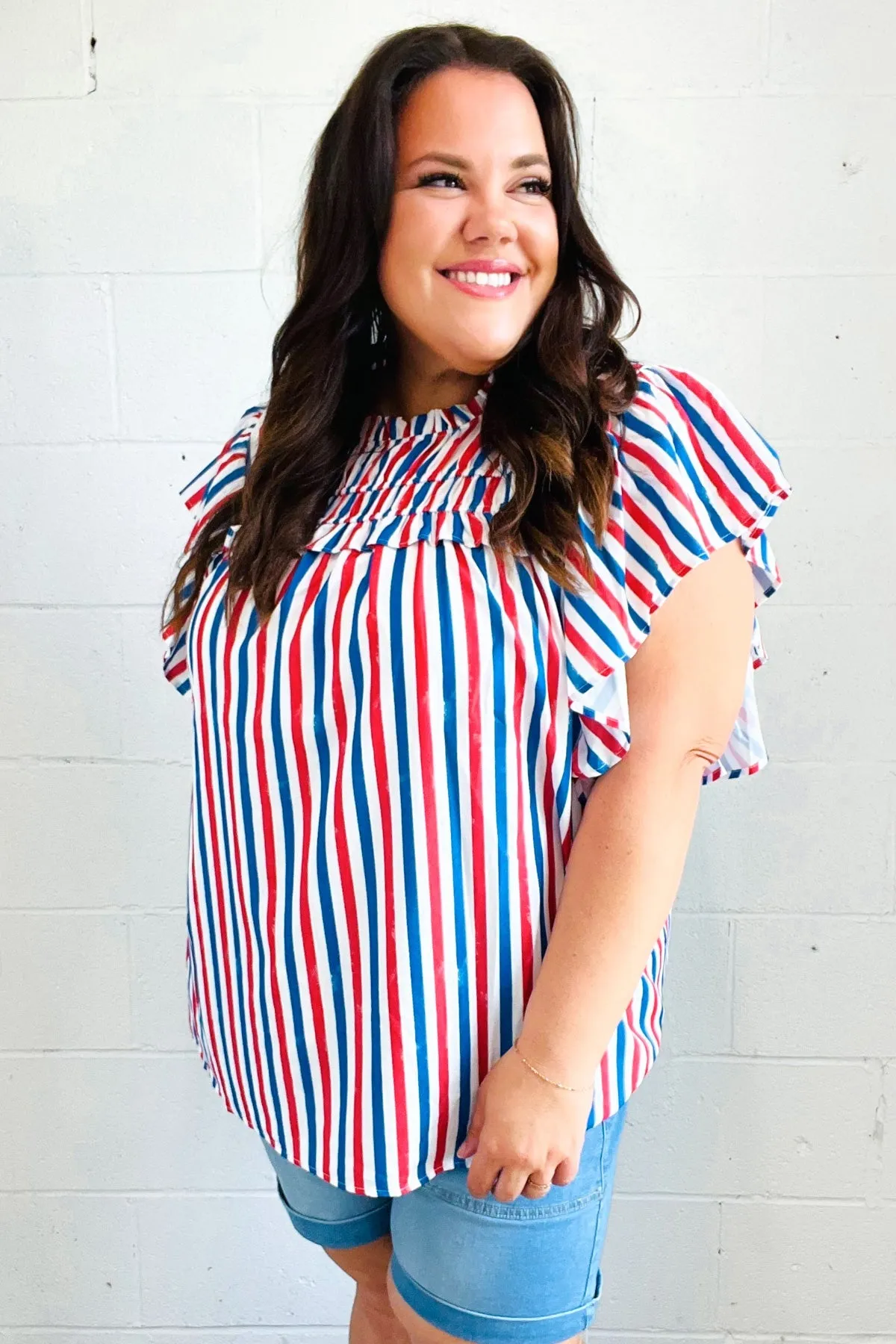 Explore More Collection - American Red White & Blue Stripe Shirred Yoke Neck Top