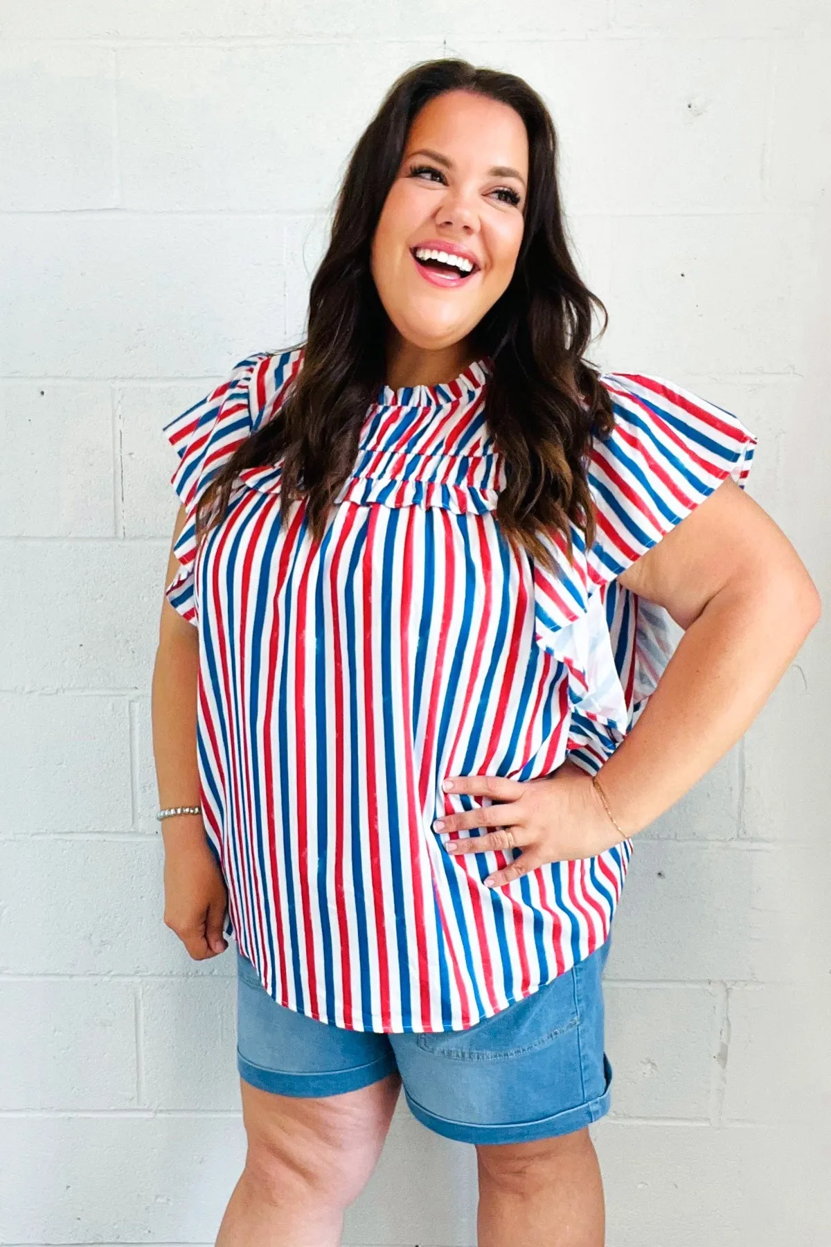 Explore More Collection - American Red White & Blue Stripe Shirred Yoke Neck Top