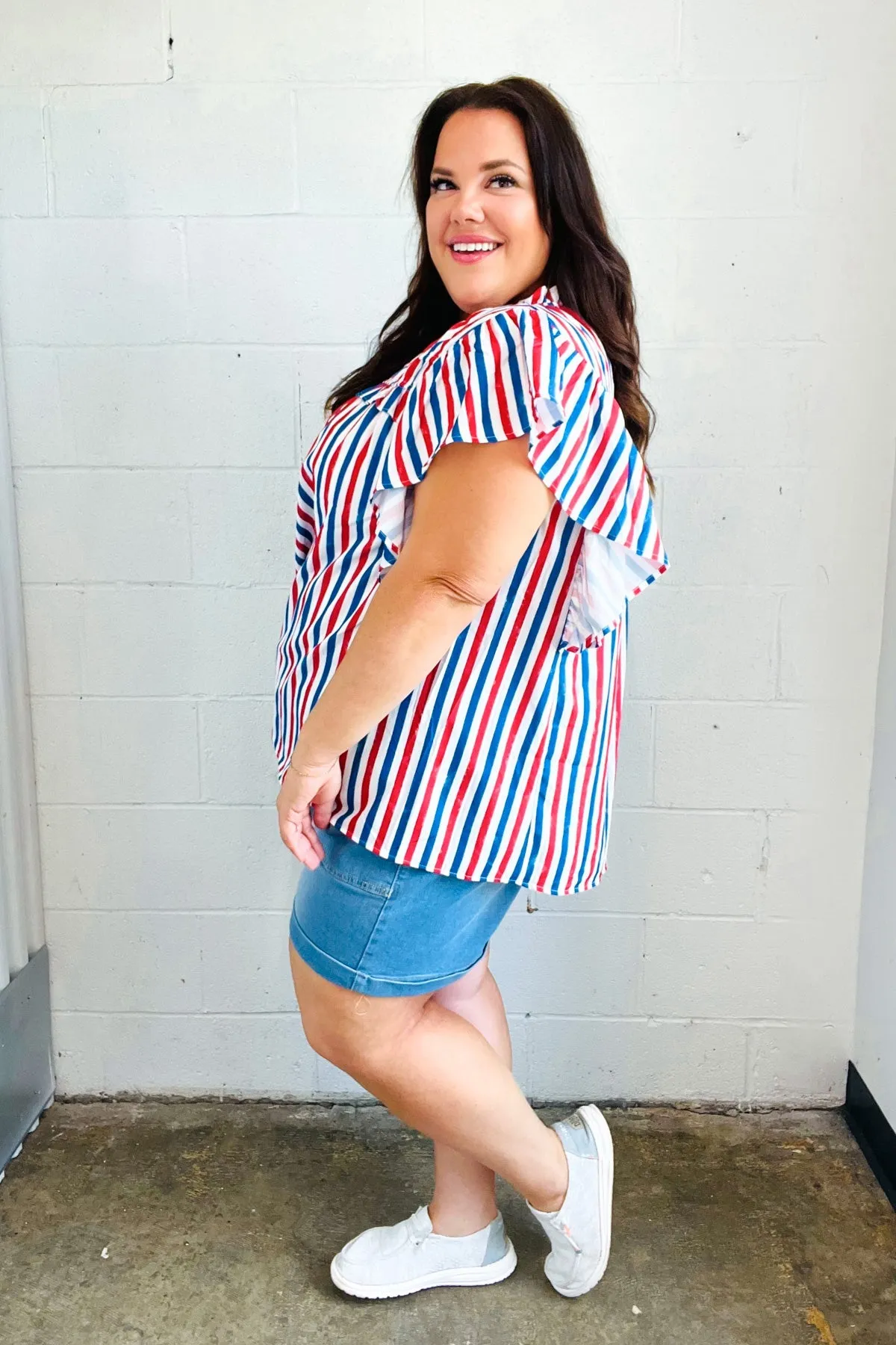 Explore More Collection - American Red White & Blue Stripe Shirred Yoke Neck Top