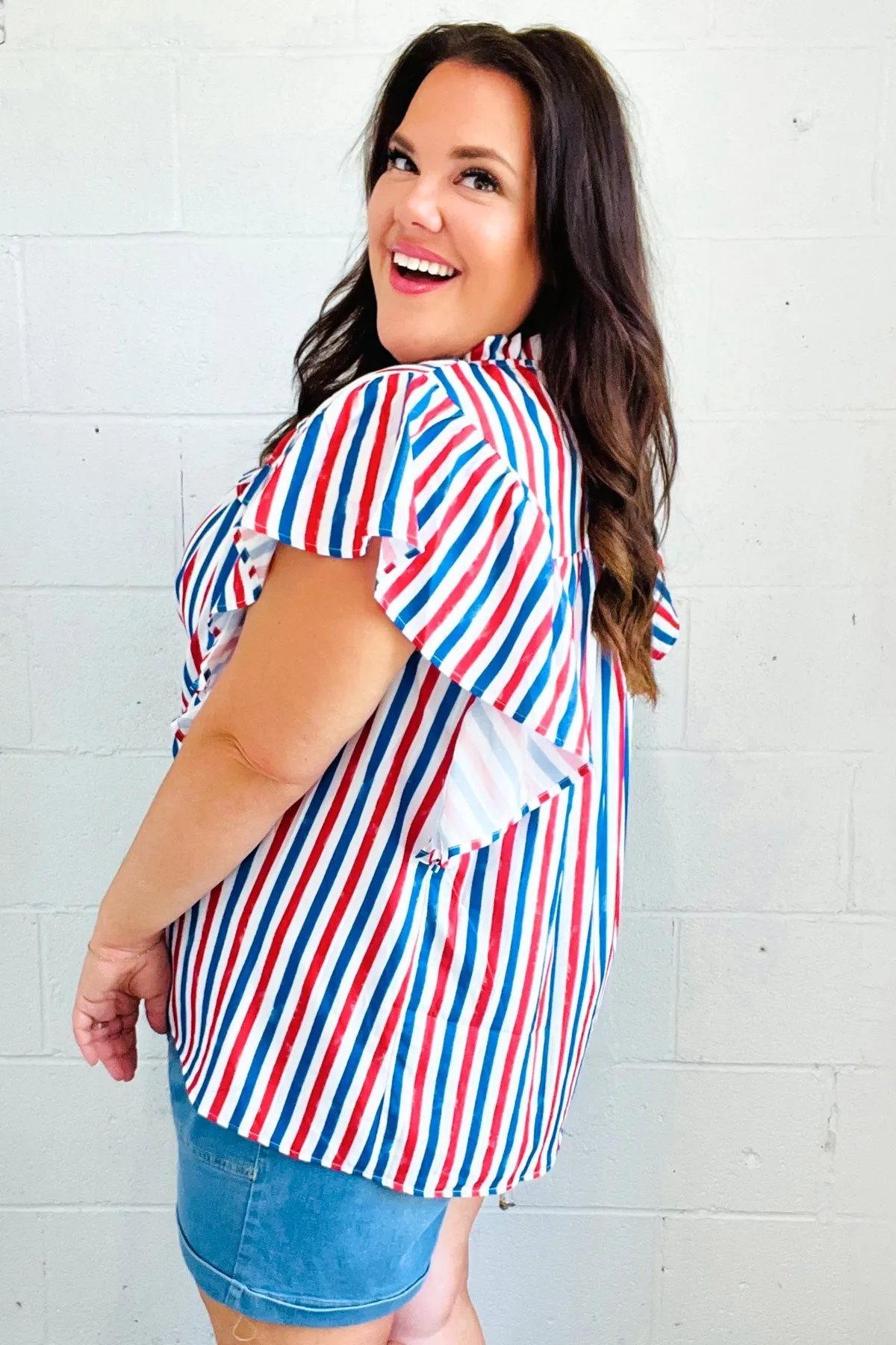 Explore More Collection - American Red White & Blue Stripe Shirred Yoke Neck Top