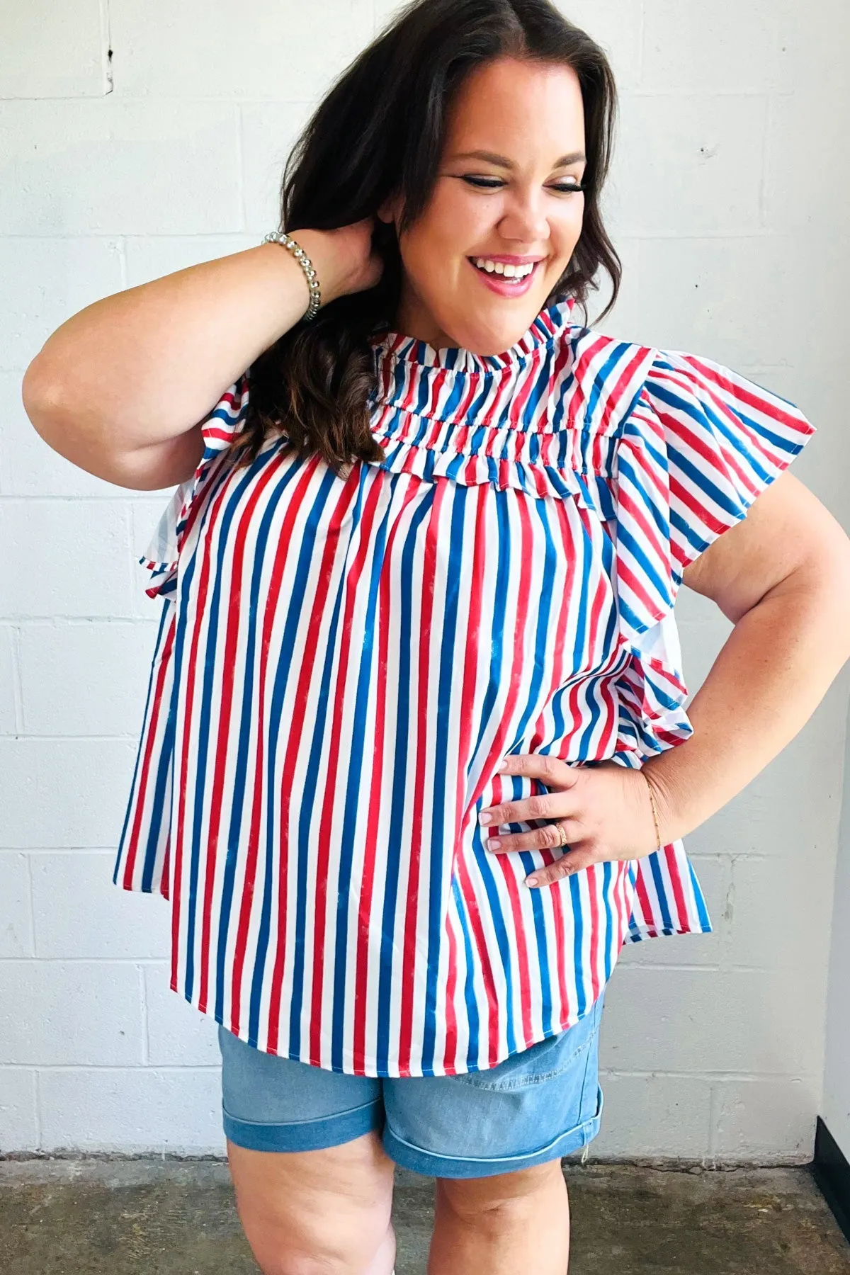 Explore More Collection - American Red White & Blue Stripe Shirred Yoke Neck Top