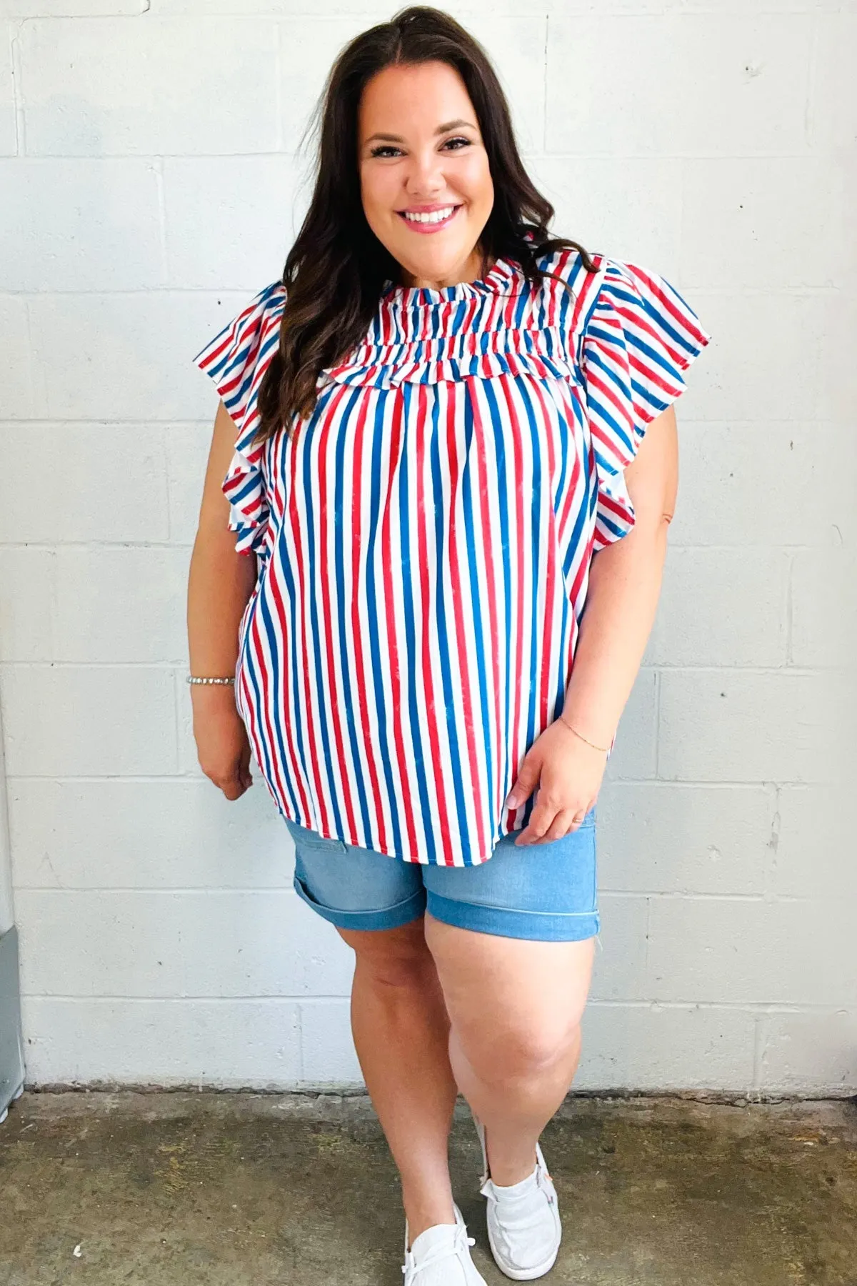 Explore More Collection - American Red White & Blue Stripe Shirred Yoke Neck Top