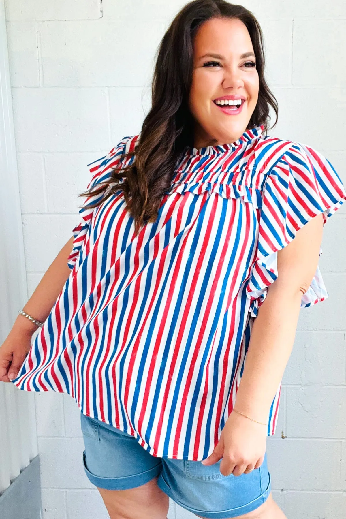 Explore More Collection - American Red White & Blue Stripe Shirred Yoke Neck Top