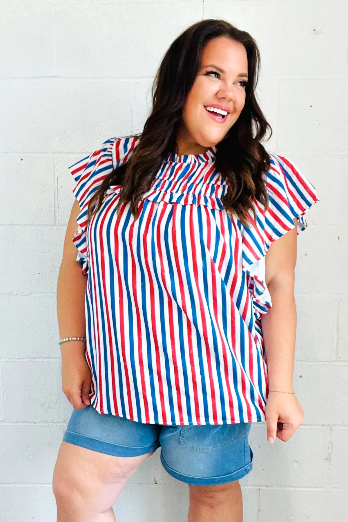 Explore More Collection - American Red White & Blue Stripe Shirred Yoke Neck Top