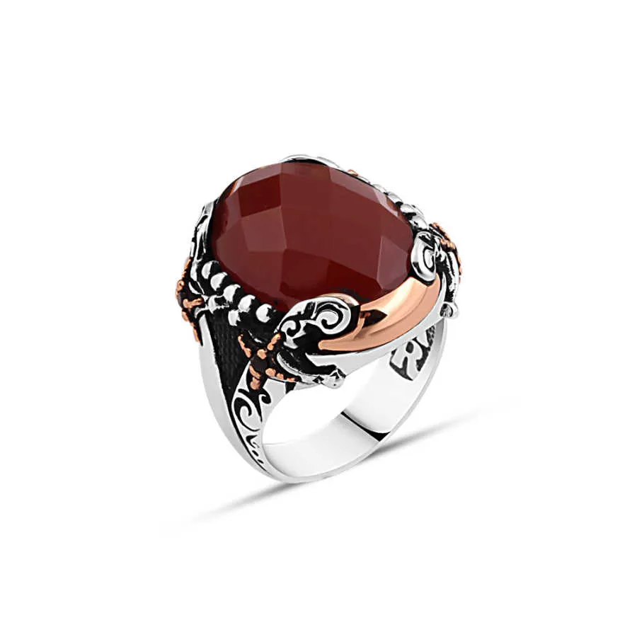 Facet Cut Red Ellipse Agate Stone Silver Men's Ring Siding Double Sword and Silver Spheres