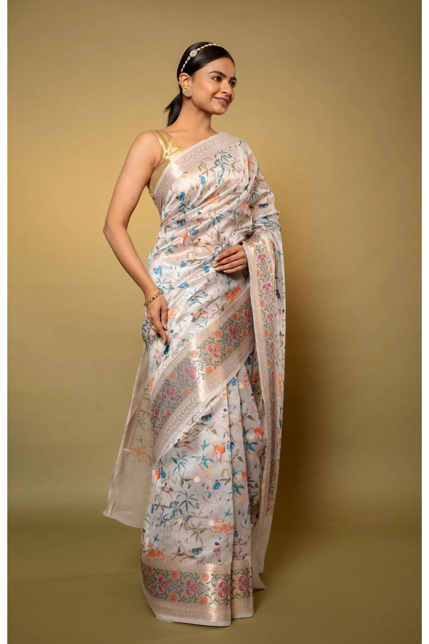 Grey Printed Silk Saree