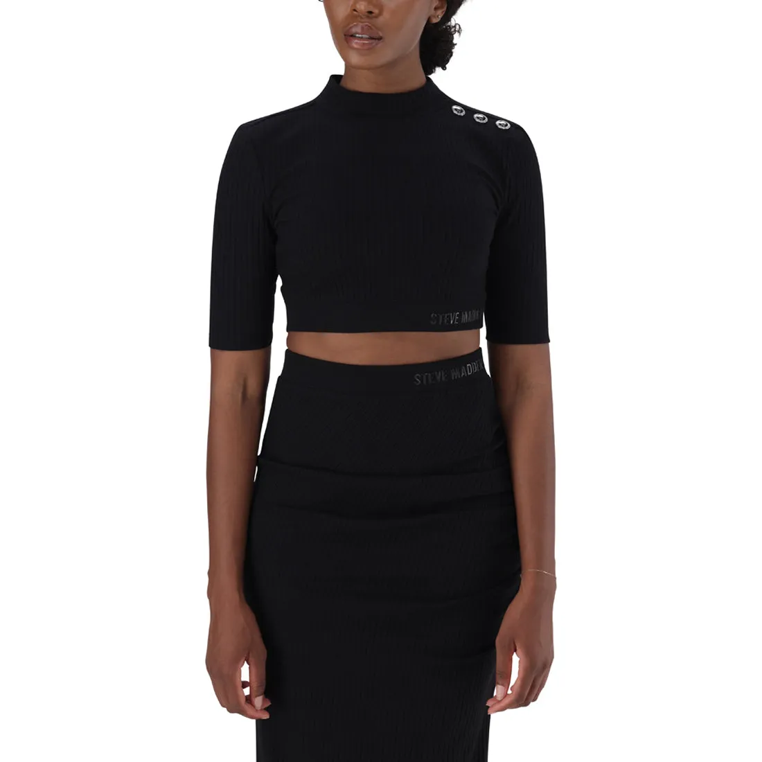 INDYA BLACK FUNNEL NECK RIB CROP TOP WITH LOGO ELASTIC & POPPERS