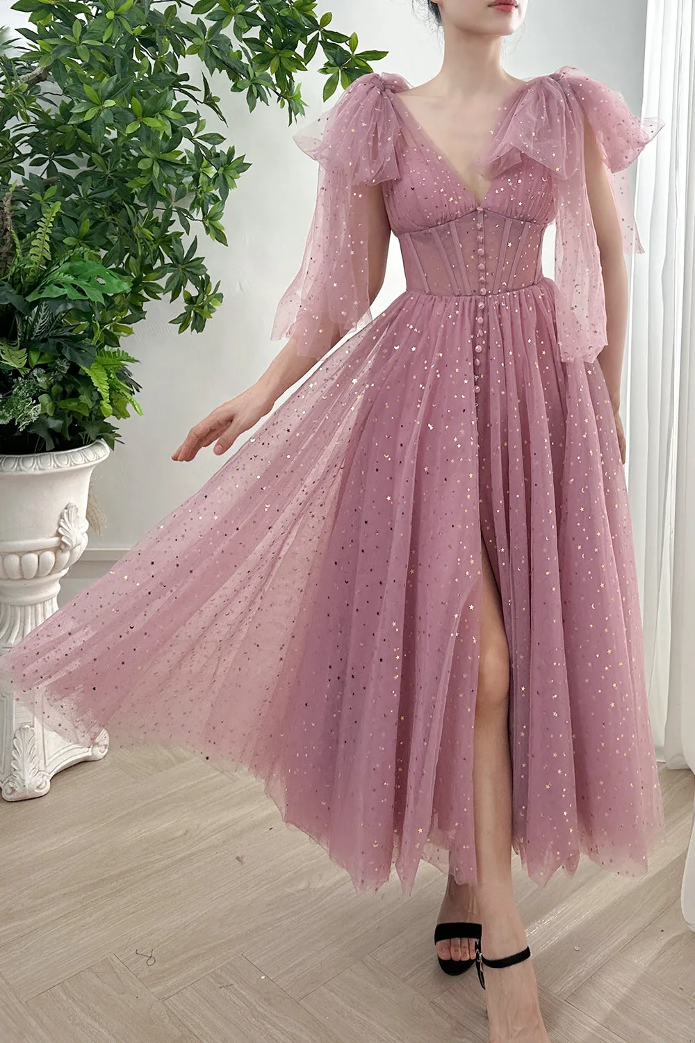 Infinity Corset Star Tulle Midi Dress with Mid Slit