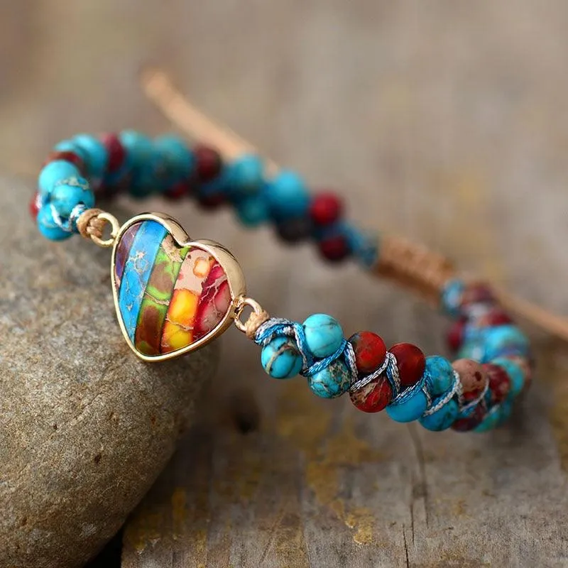 Jasper Heart & Seed Beads Braided Bracelet