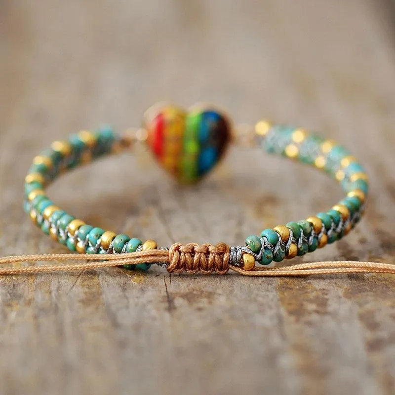 Jasper Heart & Seed Beads Braided Bracelet