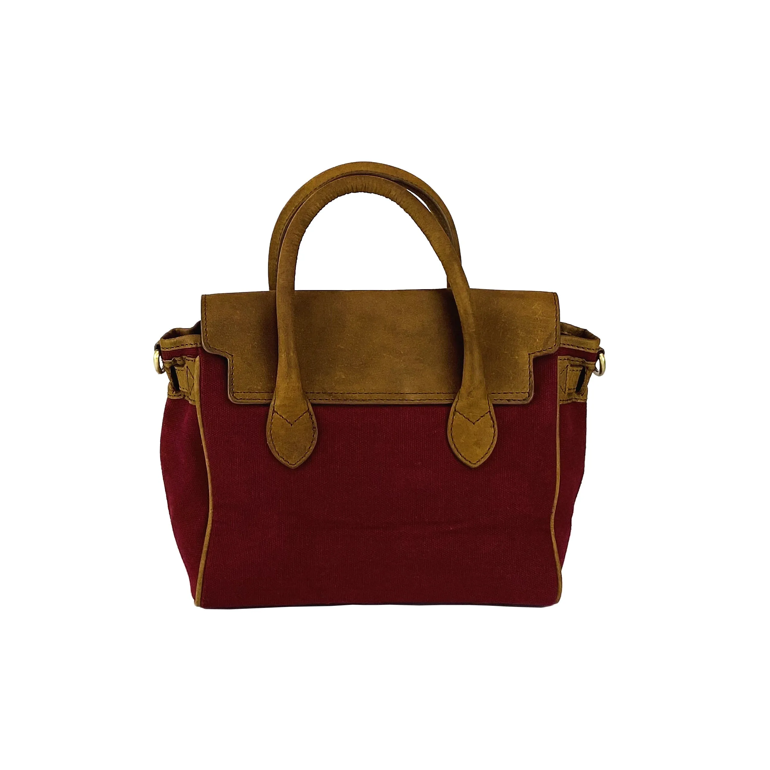 K0042XCB | Borsa a Mano Mini in Canvas/Vera Pelle Made in Italy. Tracolla removibile. Attacchi con moschettoni in metallo Ottone Anticato - Colore Bordeaux - Dimensioni: cm 24 x 20 x 12