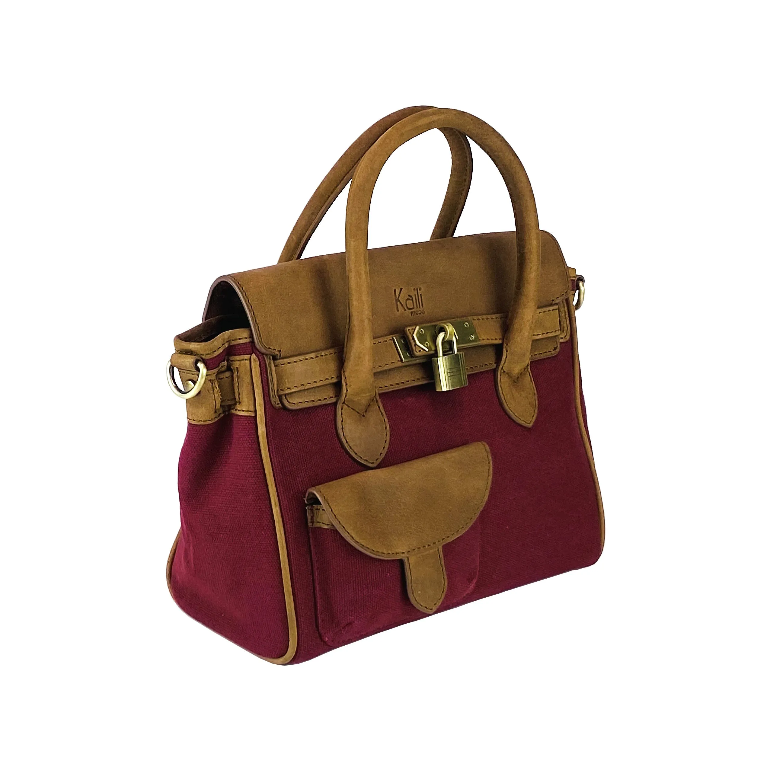 K0042XCB | Borsa a Mano Mini in Canvas/Vera Pelle Made in Italy. Tracolla removibile. Attacchi con moschettoni in metallo Ottone Anticato - Colore Bordeaux - Dimensioni: cm 24 x 20 x 12