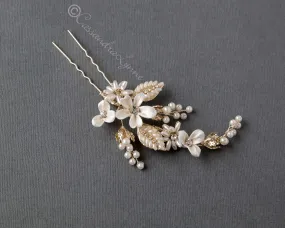 Light Gold Oat Pearl and Porcelain Bridal Hair Pin